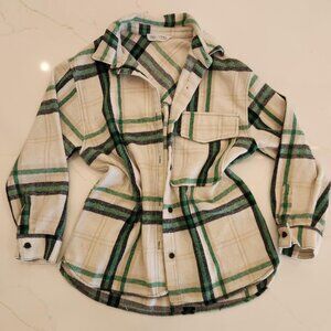 Zara Sz 11-12 Girls Cream Green Flannel Button Up Youth Outdoors Casual School